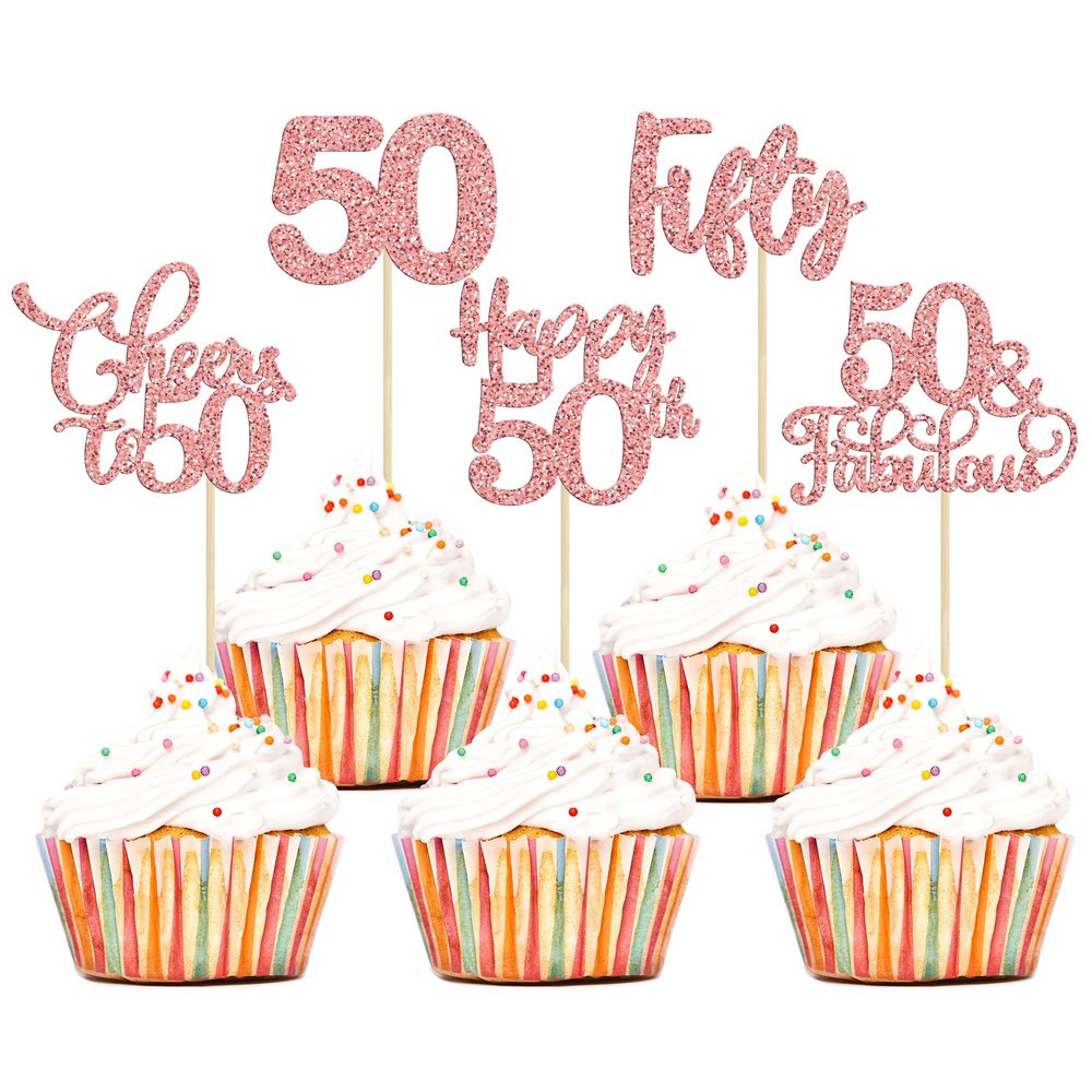 30 Pack Happy 50th Birthday Cupcake Toppers Rose Gold Glitter Fifty Cheers to 50 Years Old Birthday Cupcake Picks for 50th Anniversary Party Cake Decorations Supplies