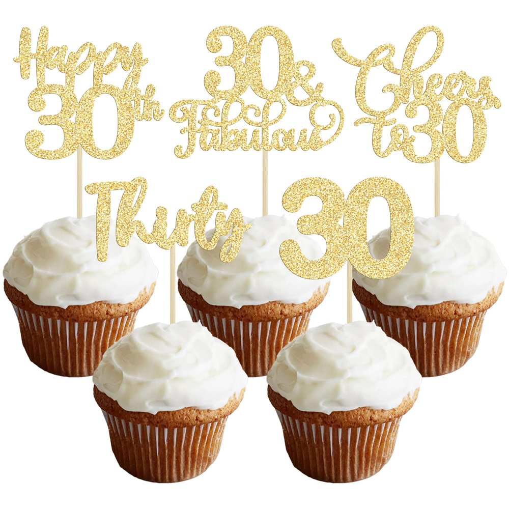 30 Pack Happy 30th Birthday Cupcake Toppers Gold Glitter Thirty Cheers to 30 Birthday Cupcake Picks for Happy 30th Anniversary Party Cake Decorations Supplies