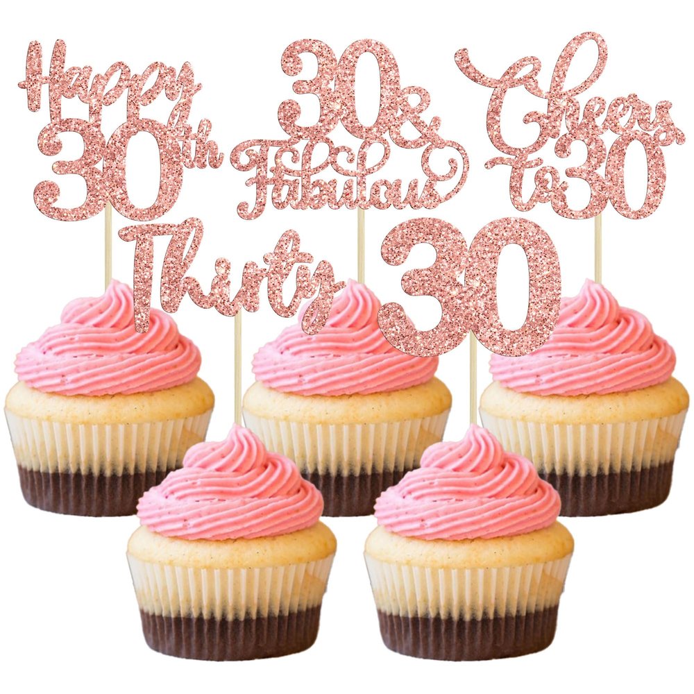30 Pack Happy 30th Birthday Cupcake Toppers Rose Gold Glitter Thirty Cheers to 30 Cupcake Picks for Happy 30th Anniversary Party Cake Decorations Supplies