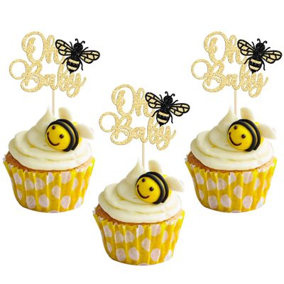 Ephlyn 24Pcs Bumble Bee Cake Toppers, Gold Glitter Cupcake Picks for Birthday, Baby Shower, Kids Party Decorations