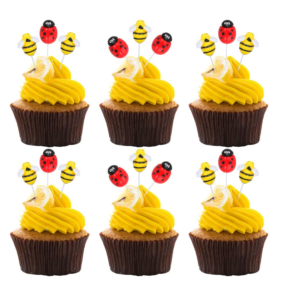 24Pcs Bumble Bee Cupcake Toppers Resin Ladybug Little Figurine Bee Cupcake Picks Oh Babee Cake Decorations for Bee Theme Baby Shower Kids Boys Girls Birthday Party Decoration Supplies