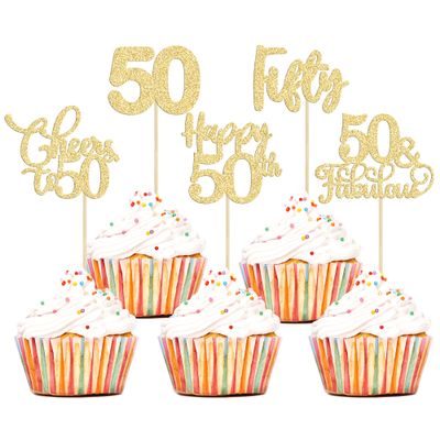 30 Pack Happy 50th Birthday Cupcake Toppers Gold Glitter Fifty Cheers to 50 Years Old Birthday Cupcake Picks for 50th Anniversary Party Cake Decorations Supplies