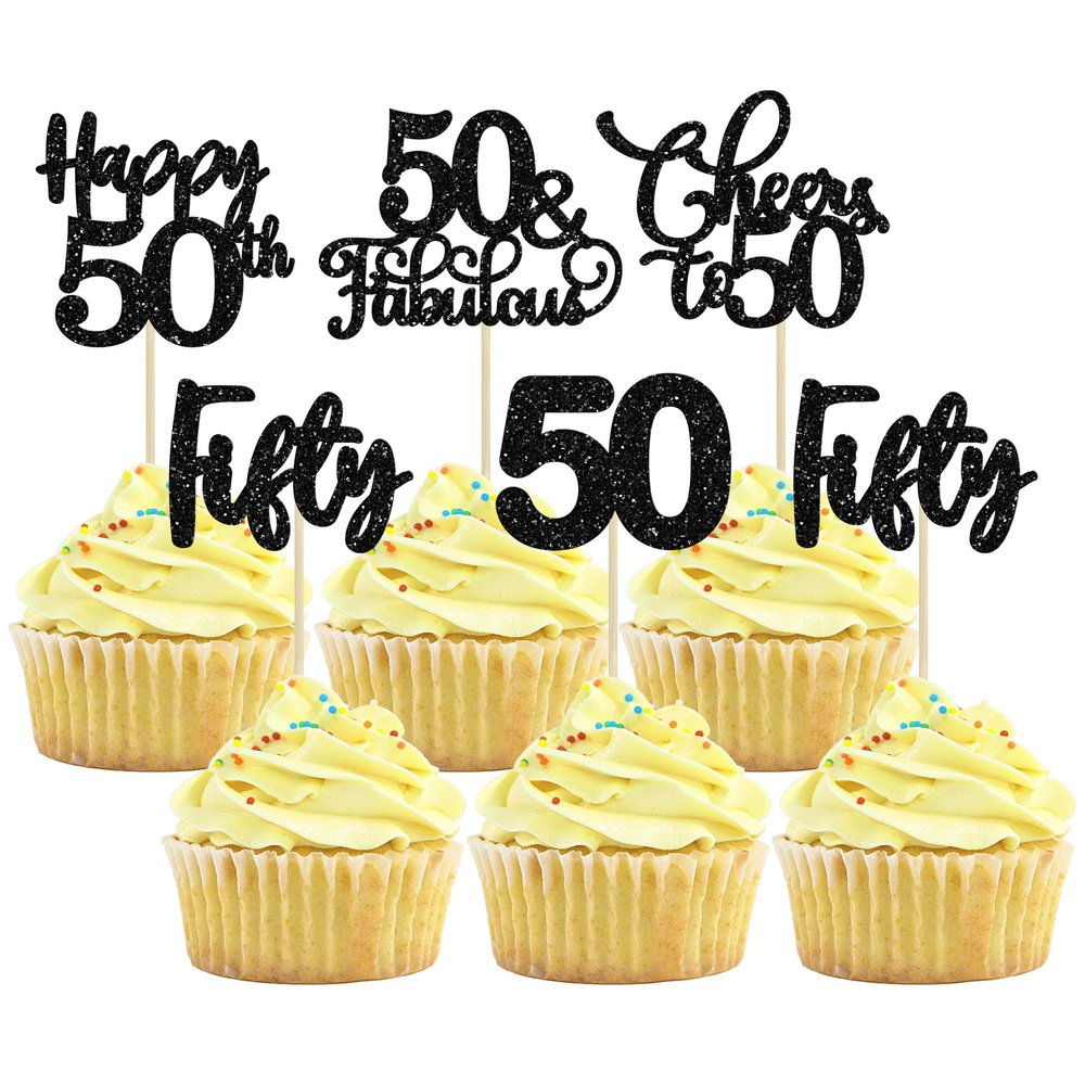 30 Pack Happy 50th Birthday Cupcake Toppers - Black Glitter Fifty Cheers to 50 Years Old Picks for Anniversary Party Cake Decorations Supplies