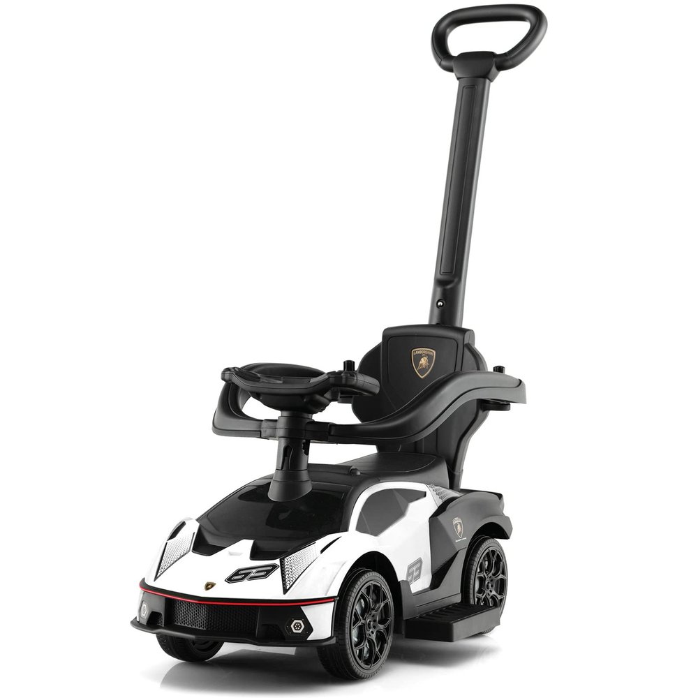 GLACER 3-in-1 Licensed Lamborghini Ride on Push Car, Kids Toy Stroller w/Push Handle, Armrest Guardrail, Under Seat Storage, Horn, Extendable Footrest, Sliding Walker for Boys & Girls (White)