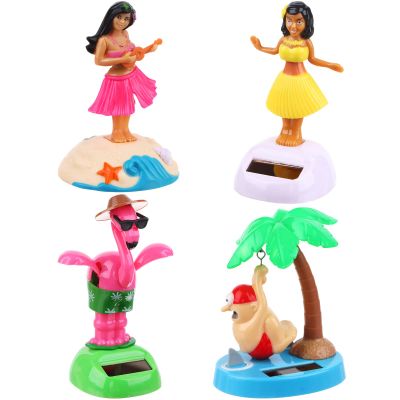 4 Pack Hawaii Girl Solar Powered Dancing Toys Flapping Wings Flamingo Car Shaking Head Dancer Doll Hawaii Toy Swing Figurines Car Windowsill Decor for Car Dashboard Toys Gift Office Desk Decor