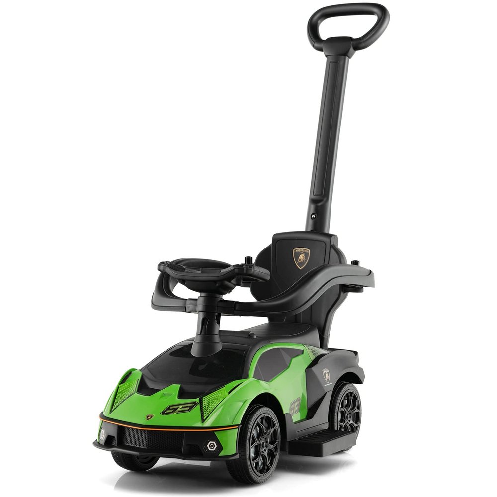 GLACER 3-in-1 Licensed Lamborghini Ride on Push Car, Kids Toy Stroller w/Push Handle, Armrest Guardrail, Under Seat Storage, Horn, Extendable Footrest, Sliding Walker for Boys & Girls (Green)