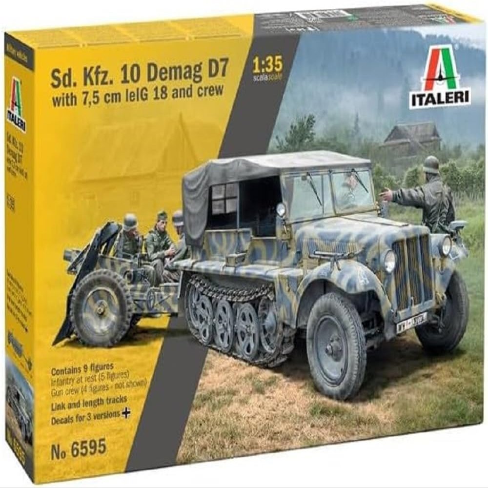 Italeri 6595 SD.Kfz. 10 DEMAG D7 with 7.5 cm Le. IG 18 and Crew, Scale 1:35, Model Kit, Plastic Model to Assemble, Modeling, IT6595