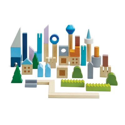 PlanToys Urban City Blocks Wooden Montessori Construction Set | Imagination, Creative Play and Early Language Exploration | Eco Friendly Building Block Set with 45 Pieces