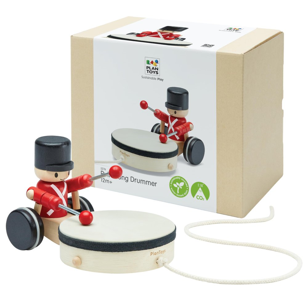 PlanToys Wooden Pull Along Drummer | Musical Toy That Encourages Rhythm, Coordination & Focus | Montessori Eco-Friendly Educational Toy for Active & Imaginative Play