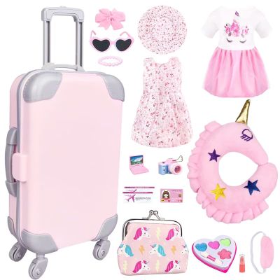 BNUZEIYI 17Pcs 18 Inch Girl Doll Clothes and Accessories Doll Accessories Travel Play Set with Travel Pillow Camera for 18 Inch Dolls Gift for Girls