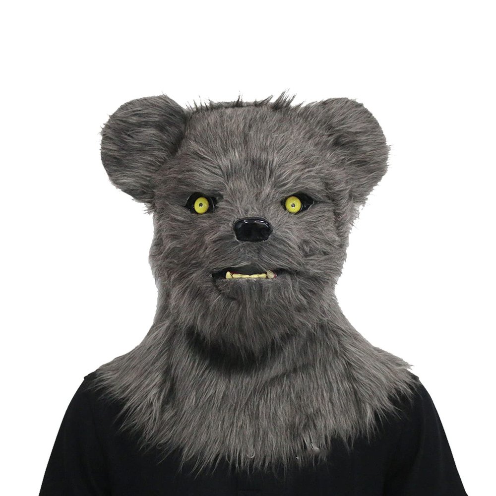 Yesness Realistic Furry Halloween Horror Mask Plush Bear Costume with Moving Jaw, Mouth Moveable Bear Head Mask for Halloween Party Cosplay Costume, Grey (Grey)