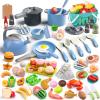 130Pcs Kitchen Playset, Toddler Pretend Cooking Play Pots, Pans, Utensils Cookware, Daily Food Fruit Veges, Shopping Storage Basket, Dessert, Prop Money, Learning Gift for Child (Blue) view 1