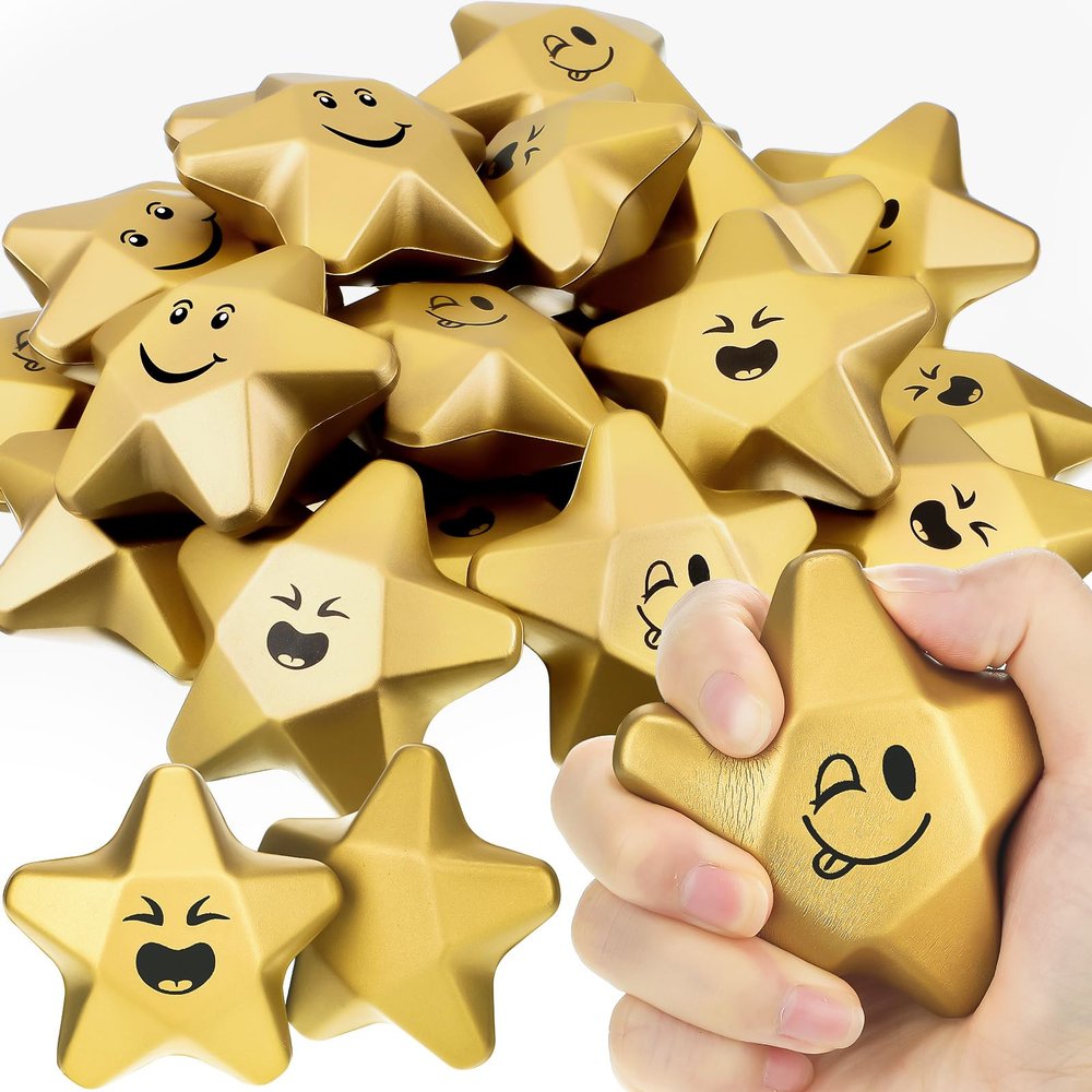 Deekin 24 Pieces 3.1 Inch Star Stress Balls Gold Mini Foam Ball Star Stress Toys Bulk Stress Relief Gifts for Coworkers Adult Goodie Bag Stuffers Teen Party Favors School Office Award(Smile Face)
