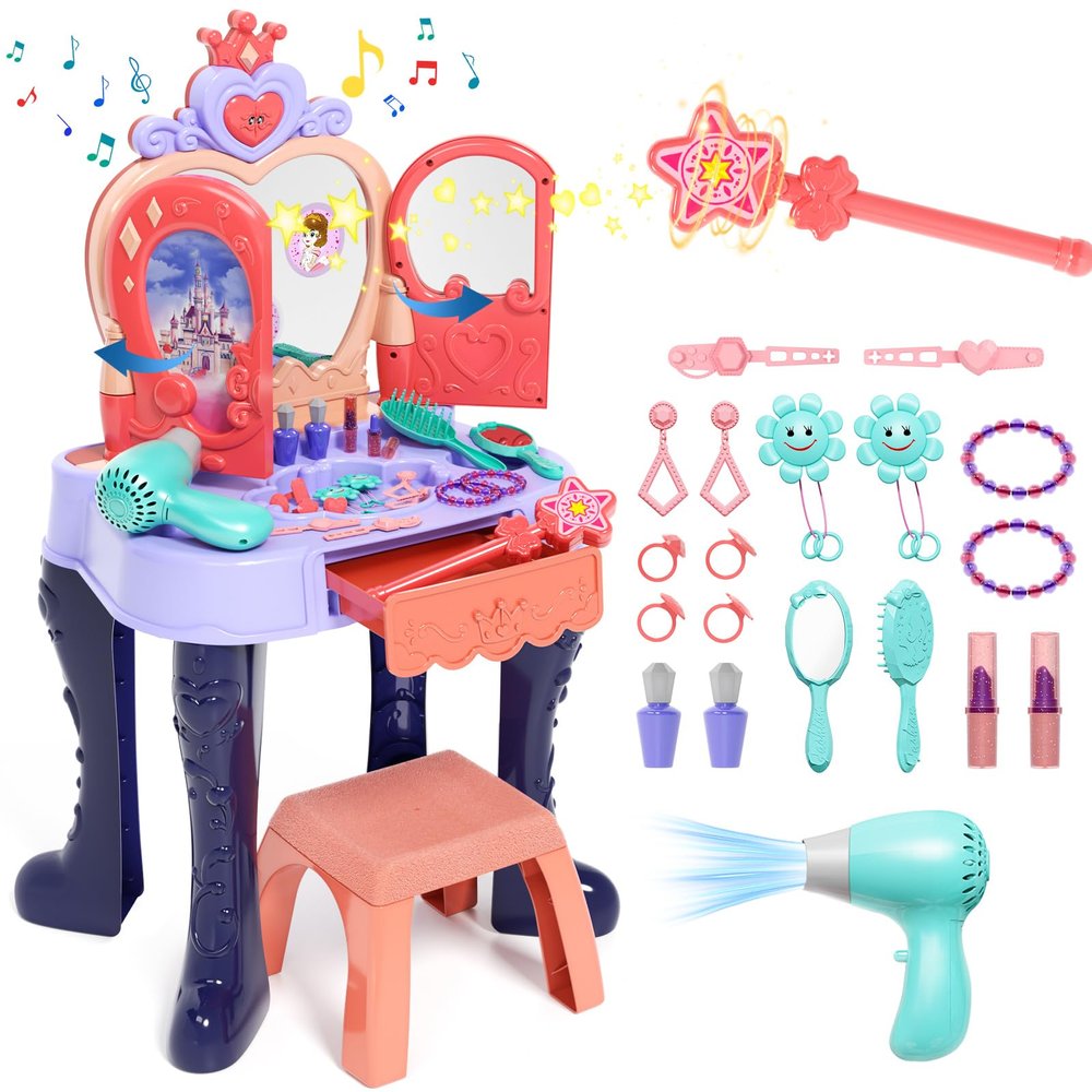Eohemeral Magic Sensor Toddler Vanity Set with Automatic Opening Mirror, Kids Makeup Table with Induction Light & Music, Real Sound Hair Dryer, Fairy Wand & Accessories, Toy for Girls Age 3 4 5