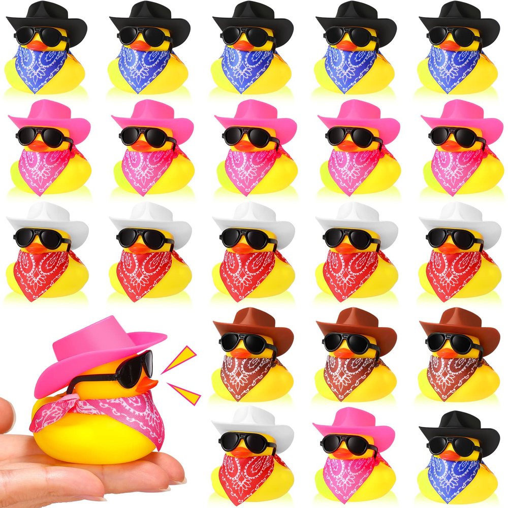 Sosation 24 Set Cowboy Rubber Duck Bulk Mini Yellow Duckies Tiny Ducks Toy with Cowboy Hat Paisley Bandanas Sunglasses for Birthday Party Favor(Cute Style)