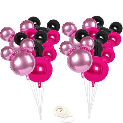 12 Pink Mouse Party Foil Balloons, 27 Black, Rose Red, Pink Balloons for Cartoon Mouse Party Decoration, Baby Shower, Girls Party Kids Birthday Theme Party Decoration Supplies