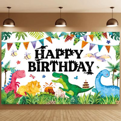QIEXI Dinosaur Birthday Banner for Kids Watercolor Dinosaurs Theme Backdrop Decor Photo Prop Wall Indoor Outdoor Gathering Supplies Decorative Backdrop for Birthday Party7x5ft