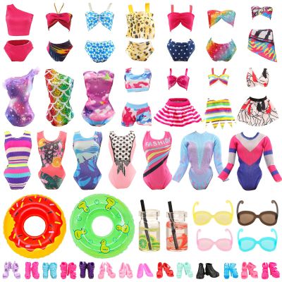 BARWA 18 Pcs Summer Doll Clothes and Accessories Including 5 Sets Swimsuits Beach Bathing Bikini with 2 Swimming Rings 2 Drinks 4 Glasses 5 Shoes for 11.5 inch Girl Dolls