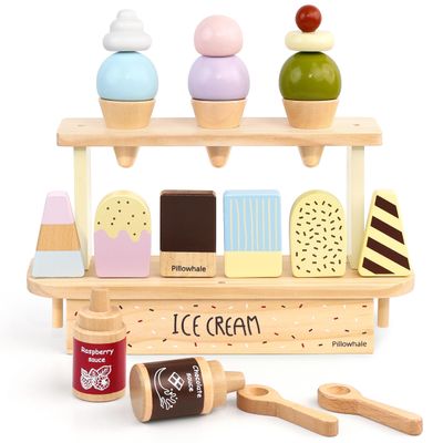 Pillowhale Wooden Ice Cream Play Set for Kids 24 PCS Pretend Ice Cream Toy Counter with Cones, Popsicles, Toppings, Sauces & Spoons Wooden Play Food Toys, Role Kitchen Accessories for Toddlers 3-5