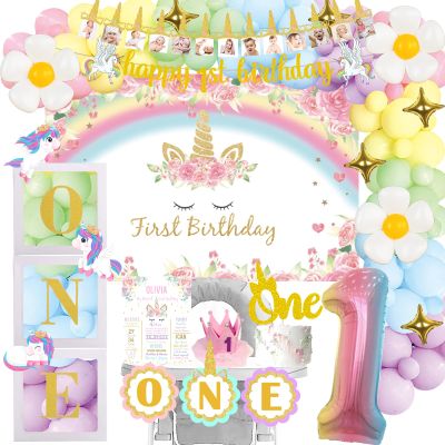 Fiesec Unicorn 1st Birthday Decorations - Girl's First Birthday Party Pack with Backdrop, Balloon Garland, Banner, Box Cutout, Cake Topper, Crown & Poster