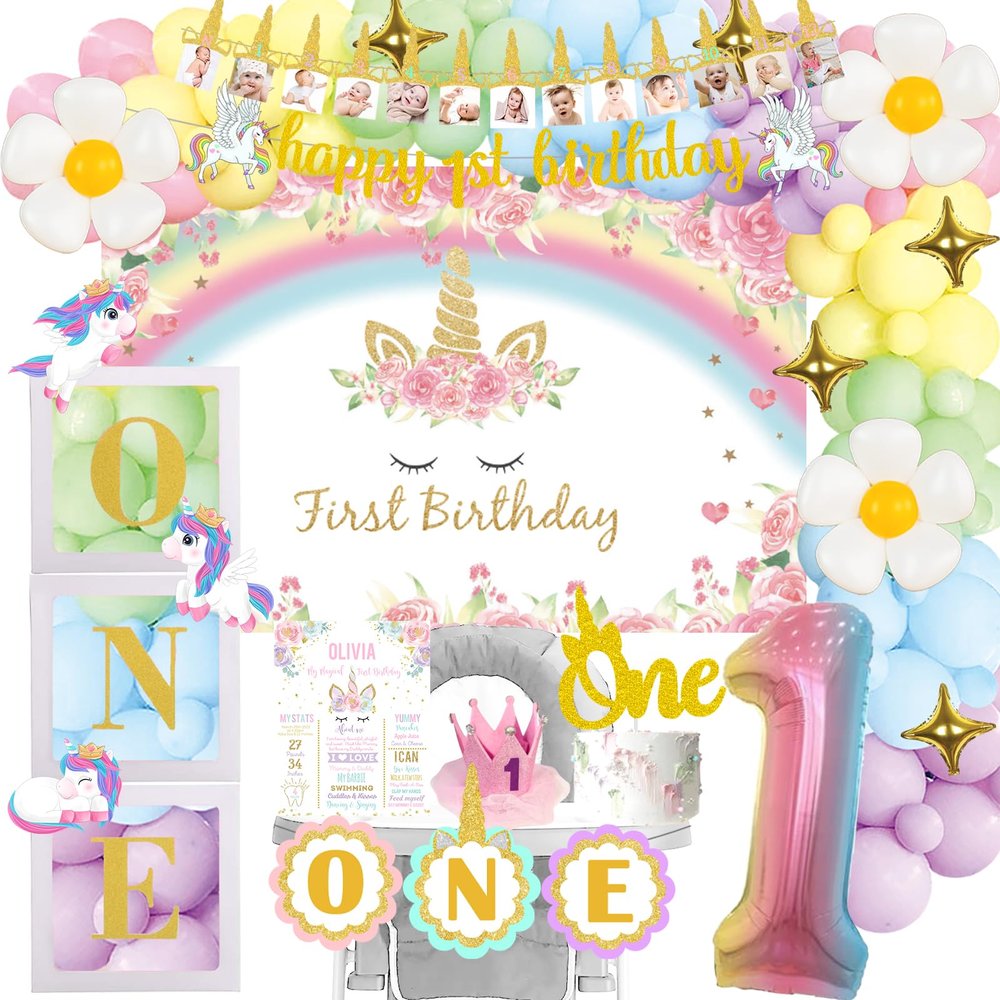 Fiesec Unicorn 1st Birthday Decorations - Girl's First Birthday Party Pack with Backdrop, Balloon Garland, Banner, Box Cutout, Cake Topper, Crown & Poster