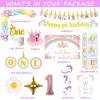 Fiesec Unicorn 1st Birthday Decorations - Girl's First Birthday Party Pack with Backdrop, Balloon Garland, Banner, Box Cutout, Cake Topper, Crown & Poster view 2