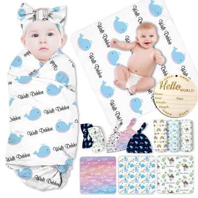 ASSETBAG Personalized Baby Swaddle Blanket Boy Girl Custom Name Nursery Blanket with Bow Headband and Hat Set Customized Baby Gifts