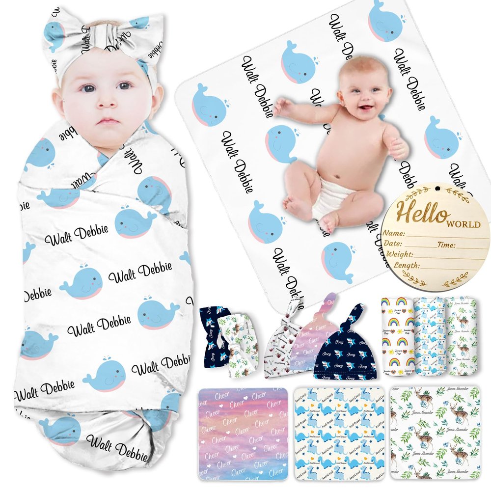 ASSETBAG Personalized Baby Swaddle Blanket Boy Girl Custom Name Nursery Blanket with Bow Headband and Hat Set Customized Baby Gifts