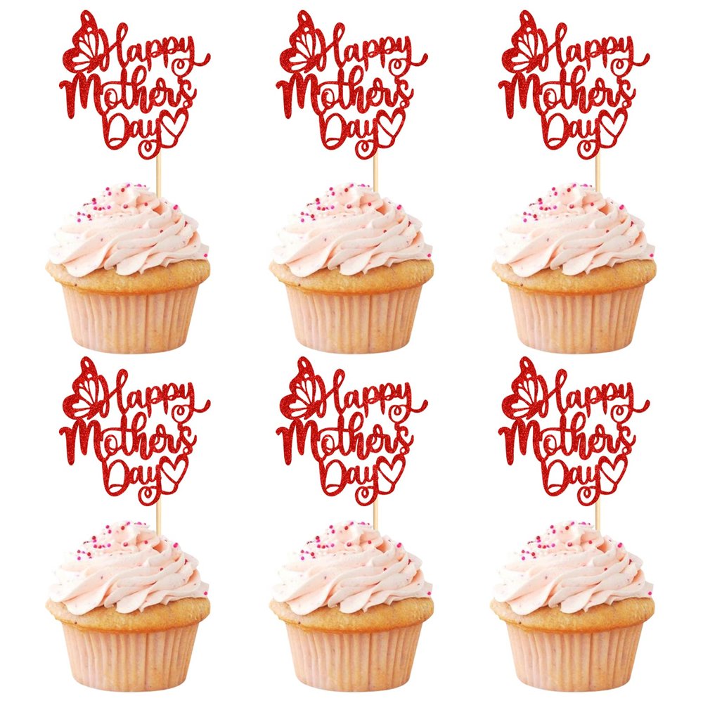 24Pcs Glitter Red Happy Mother's Day Cupcake Toppers Butterfly Mother Birthday Cupcake Picks for Mom Grandmother Appreciation Party Decorations Happy Mother's Day Women Birthday Cake Decorations