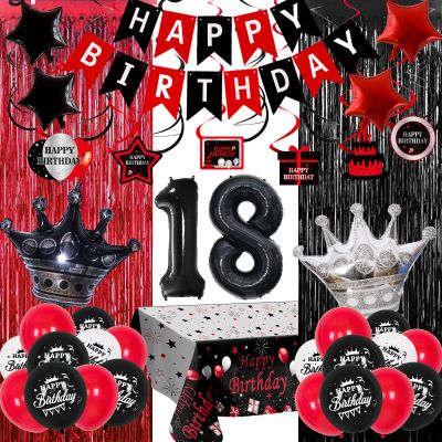 18th Birthday Decorations for Boys Girls Red Black, Happy 18th Birthday Decorations with Happy 18th Birthday Banner 18 Balloon Numbers Crown, 18 Years Old Bday Party Supplies for Her Him