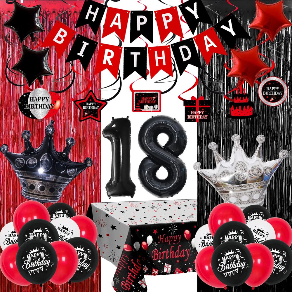 18th Birthday Decorations for Boys Girls Red Black, Happy 18th Birthday Decorations with Happy 18th Birthday Banner 18 Balloon Numbers Crown, 18 Years Old Bday Party Supplies for Her Him