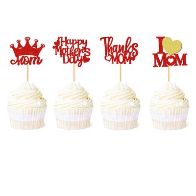 Ercadio 24Pcs Glitter Red Happy Mothers Day Cupcake Toppers I Love Mom Cupcake Picks Thanks Mom Food Picks for Mother Appreciation Birthday Cupcake Decorations Mother's Day Party Supplies