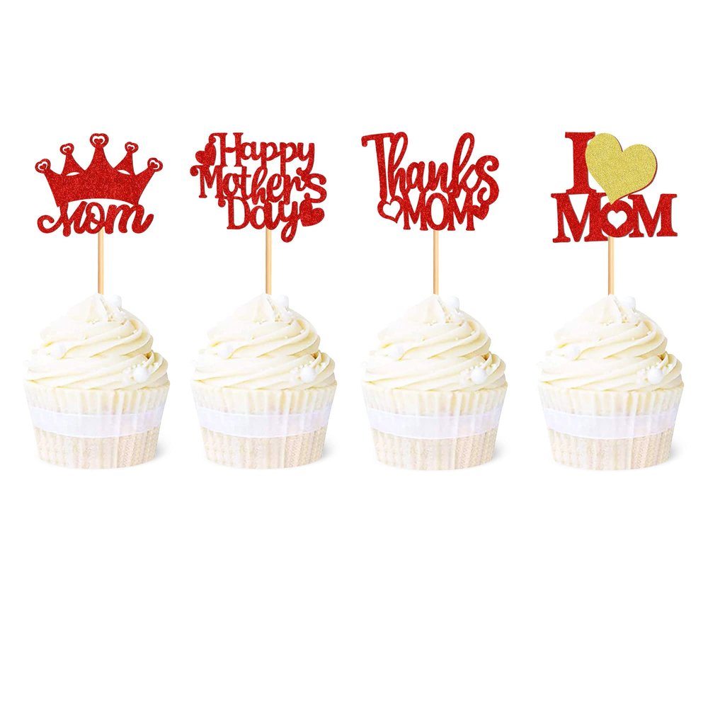Ercadio 24Pcs Glitter Red Happy Mothers Day Cupcake Toppers I Love Mom Cupcake Picks Thanks Mom Food Picks for Mother Appreciation Birthday Cupcake Decorations Mother's Day Party Supplies
