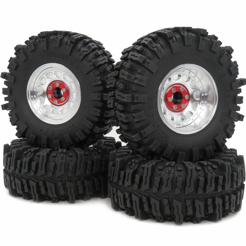 HOBBYSOUL 2.2'' Mud Slingers Tires 124mm & 2.2 Beadlock Wheels Adjustable 4 Offsets Rims for 1/10 RC Crawler Trail TRX4 SCX10 Gen8 Capra Wraith, HS701208