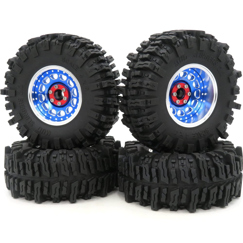 HOBBYSOUL 124mm Tall Mud Slingers Tires 2.2 Beadlock Wheels Set, Adjustable 4 Offset Rims & Soft Sticky Tyre for 1/10 RC Crawler Trail TRX4 SCX10 Capra, HS701210