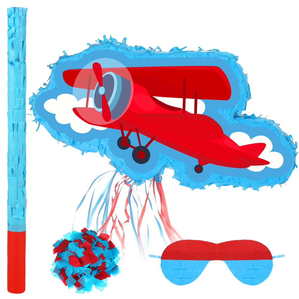 Seematn Airplane Piata Plane Piata Bundle with a Blindfold, Bat and Confetti Birthday Party Supplies for 4th of July Patriotic Veterans Birthday Party