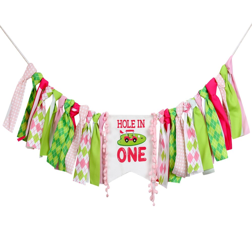 Funmemoir Hole in One Girl's 1st Birthday High Chair Banner, Pink and Green, 6" x 8"