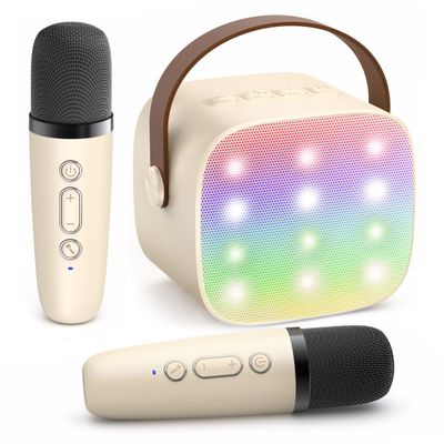 YLL Mini Karaoke Machine with 2 Wireless Microphones for Kids Adults, Portable Bluetooth Speaker Gift for Girls Toys 4, 5, 6, 7, 8, 10, 12+ Years Old Teens Birthday(Beige)