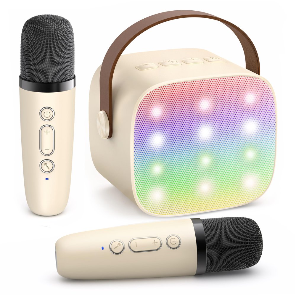 YLL Mini Karaoke Machine with 2 Wireless Microphones for Kids Adults, Portable Bluetooth Speaker Gift for Girls Toys 4, 5, 6, 7, 8, 10, 12+ Years Old Teens Birthday(Beige)