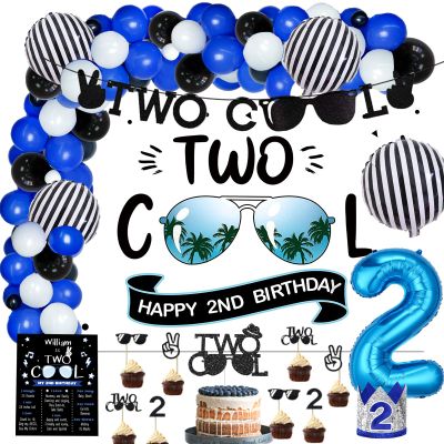 109 PCs Two Cool Birthday Party Decorations, Hombae Blue and Black 2nd Birthday Decorations For Boys Backdrop Balloon Garland Arch Banner Cake Cupcake Topper Crown Poster Blue Black