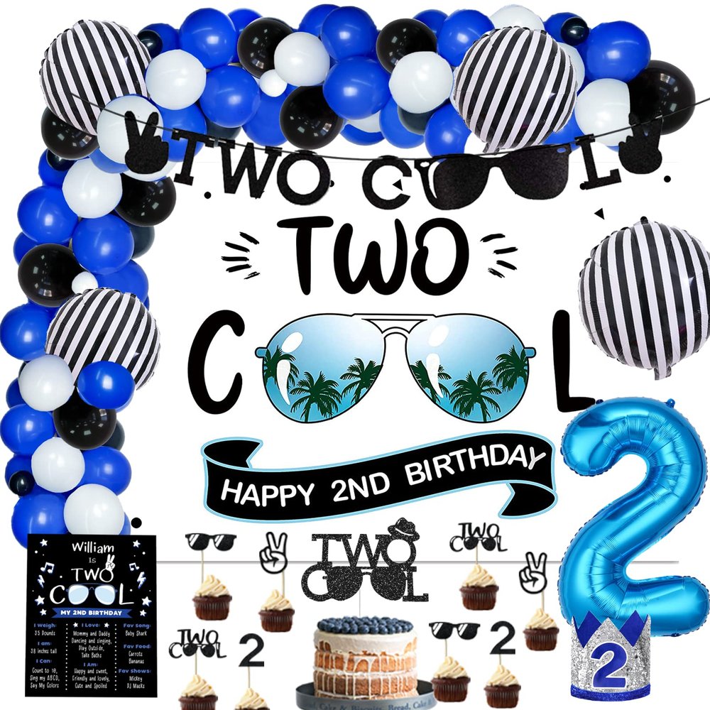 109 PCs Two Cool Birthday Party Decorations, Hombae Blue and Black 2nd Birthday Decorations For Boys Backdrop Balloon Garland Arch Banner Cake Cupcake Topper Crown Poster Blue Black