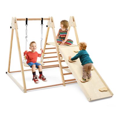 OLAKIDS Indoor Jungle Gym 4 in 1 Foldable Toddler Wooden Montessori Baby Climbing Toys with Swing Slide Ramp Ladder for Kids Playground Climb Activity Play Structure