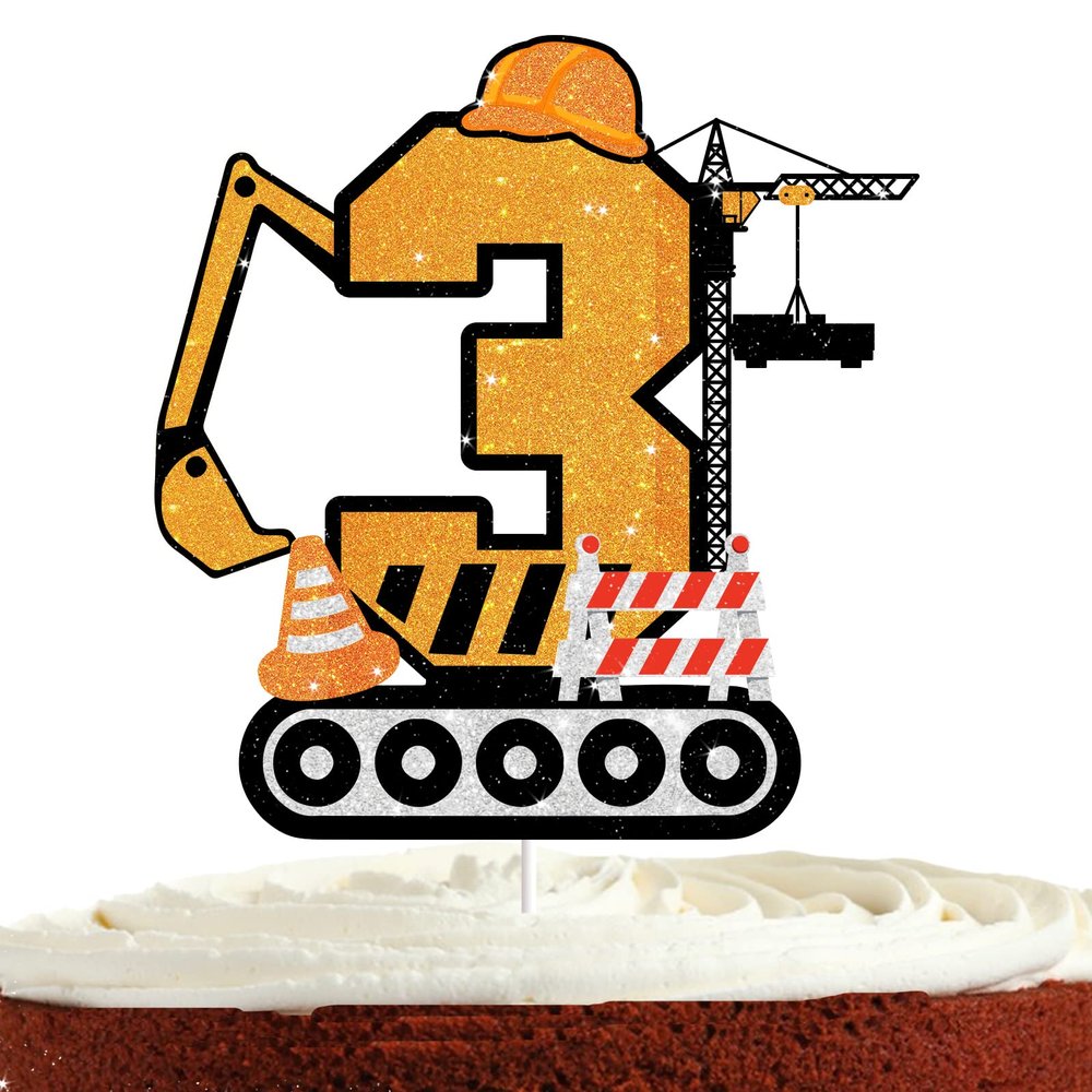 Construction Cake Topper for Boys Girls 3rd Happy Birthday Construction Theme Party Supplies Yellow Glitter Building Truck Tractor Crane Excavator 3 Cake Decorations