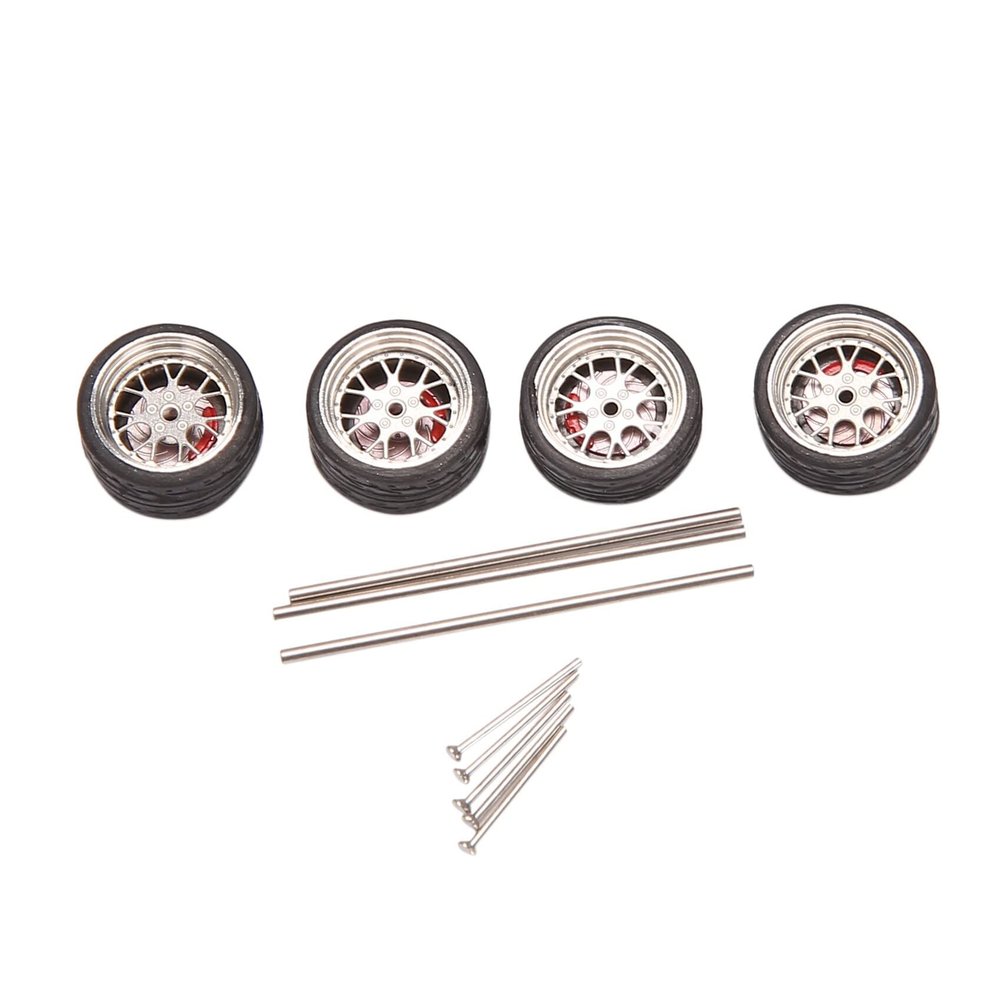 4Pcs 1/64 Scale Steam Wheel Alloy Wheel Tire Alloy Model Car with Brake Disc for 1:64 Vehicle Universal Model Tire A1 - (Color: As Shown, CN)