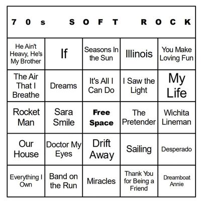 Bangin' Meats CardTunz 100 Music Bingo Cards Printed and Laminated Many Music Types Available (70s Soft Rock)