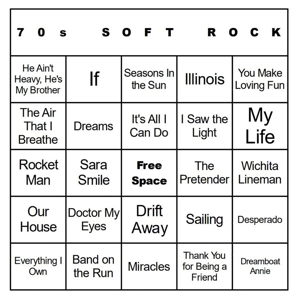 Bangin' Meats CardTunz 100 Music Bingo Cards Printed and Laminated Many Music Types Available (70s Soft Rock)