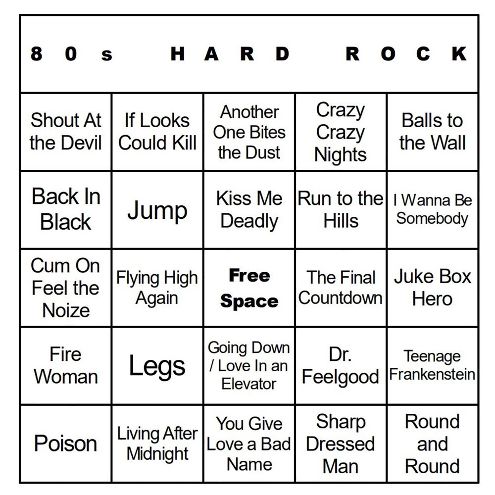 Bangin' Meats CardTunz 100 Music Bingo Cards Printed and Laminated Many Music Types Available (80s Hard Rock)