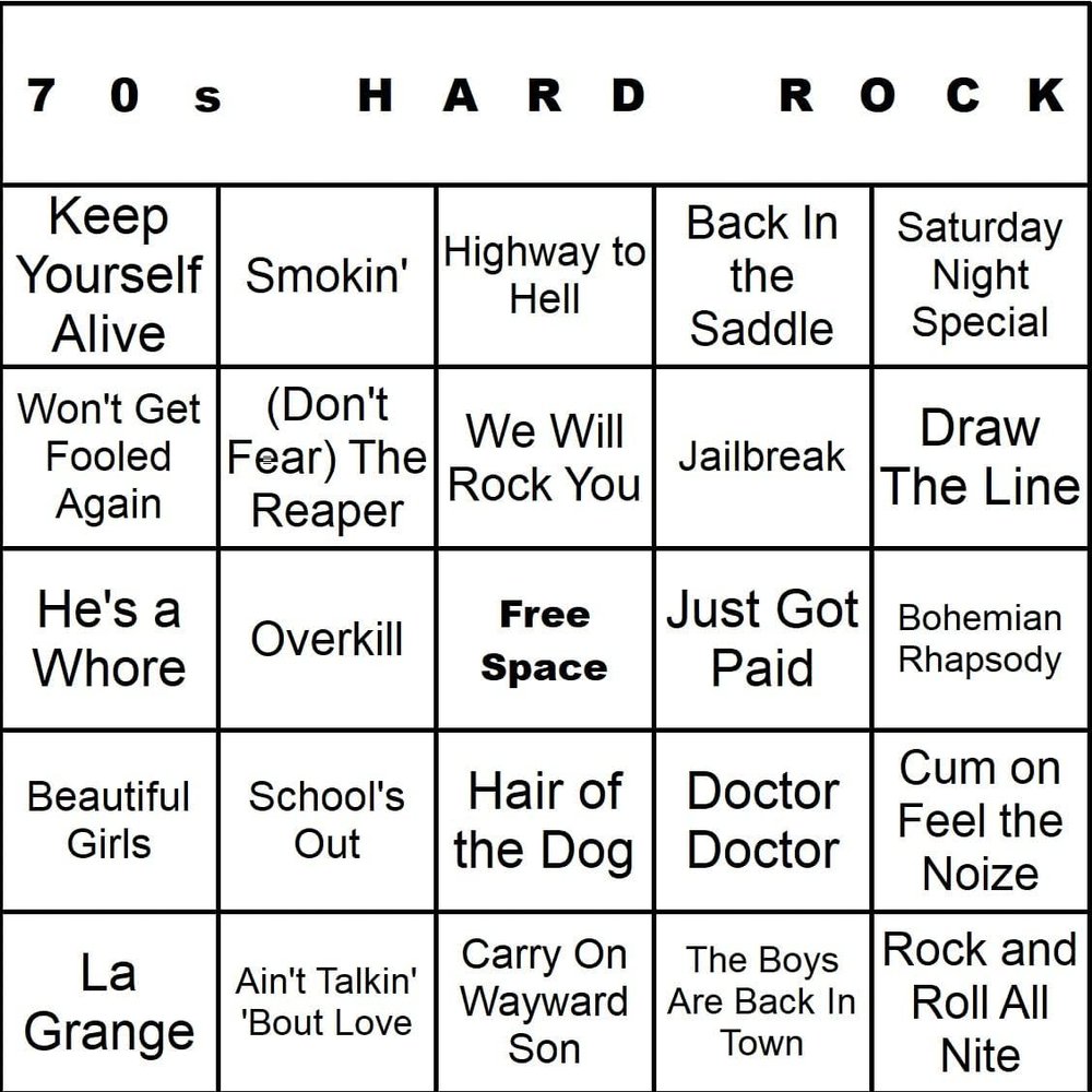 Bangin' Meats CardTunz 100 Music Bingo Cards Printed and Laminated Many Music Types Available (70s Hard Rock)