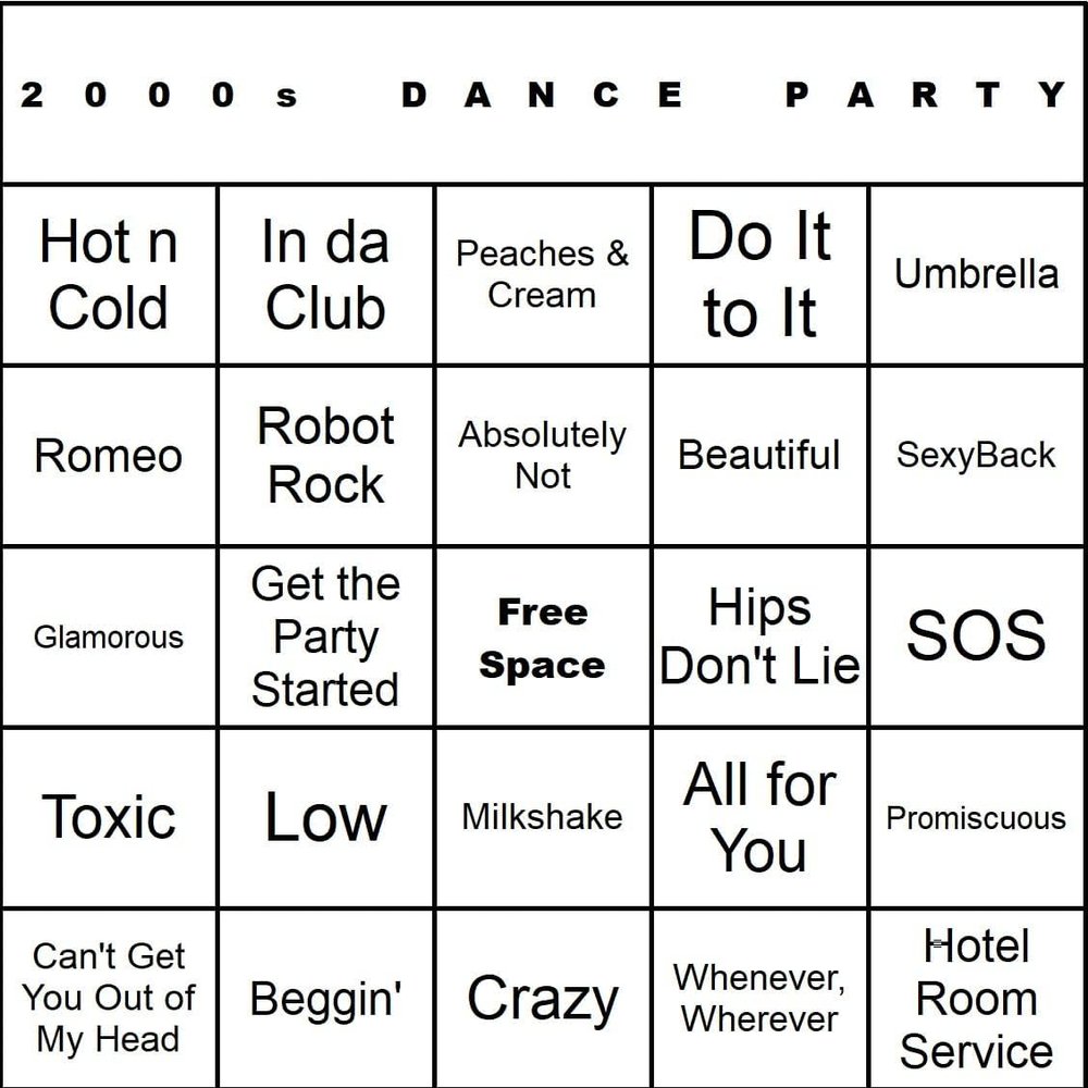 Bangin' Meats CardTunz 100 Music Bingo Cards Printed and Laminated Many Music Types Available (2000s Dance Party)