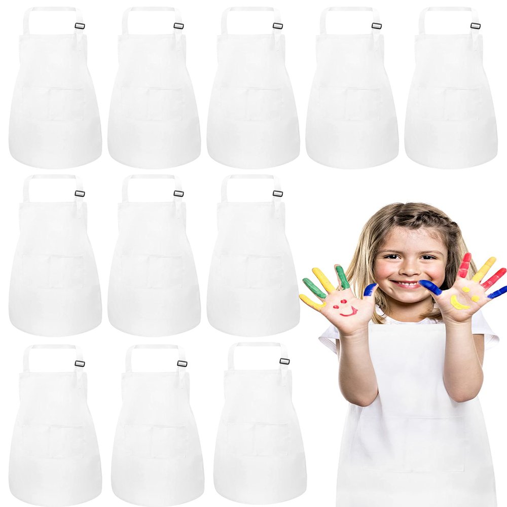 IAGBIBUI 12 Pack Kids Aprons Bulk with 2 Pockets Adjustable Chef Art Apron Kids Painting Aprons for Cooking Baking Crafting Grilling for Boys Girls Age 6-13 Years(White)